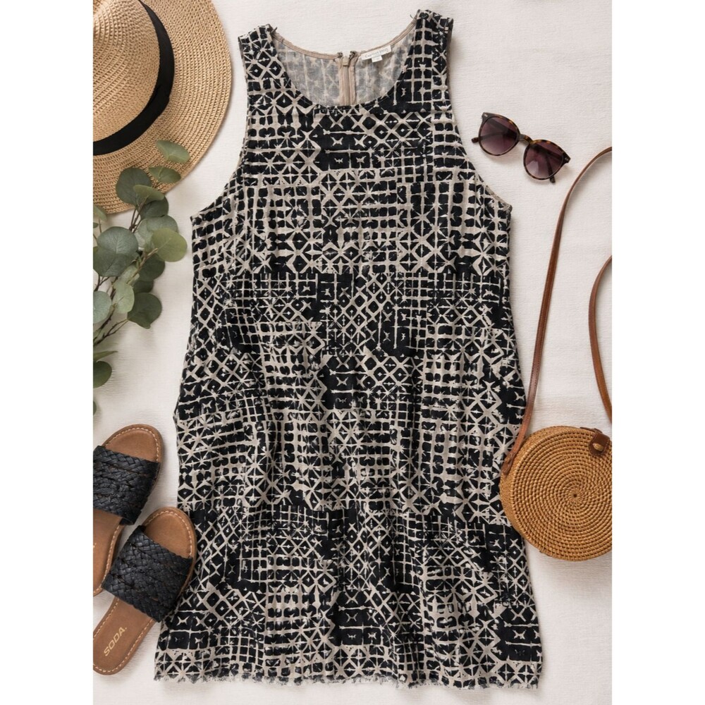 Garnet Hill Linen Dress Women’s 12 Black White Geometric Print Sleeveless Pocket